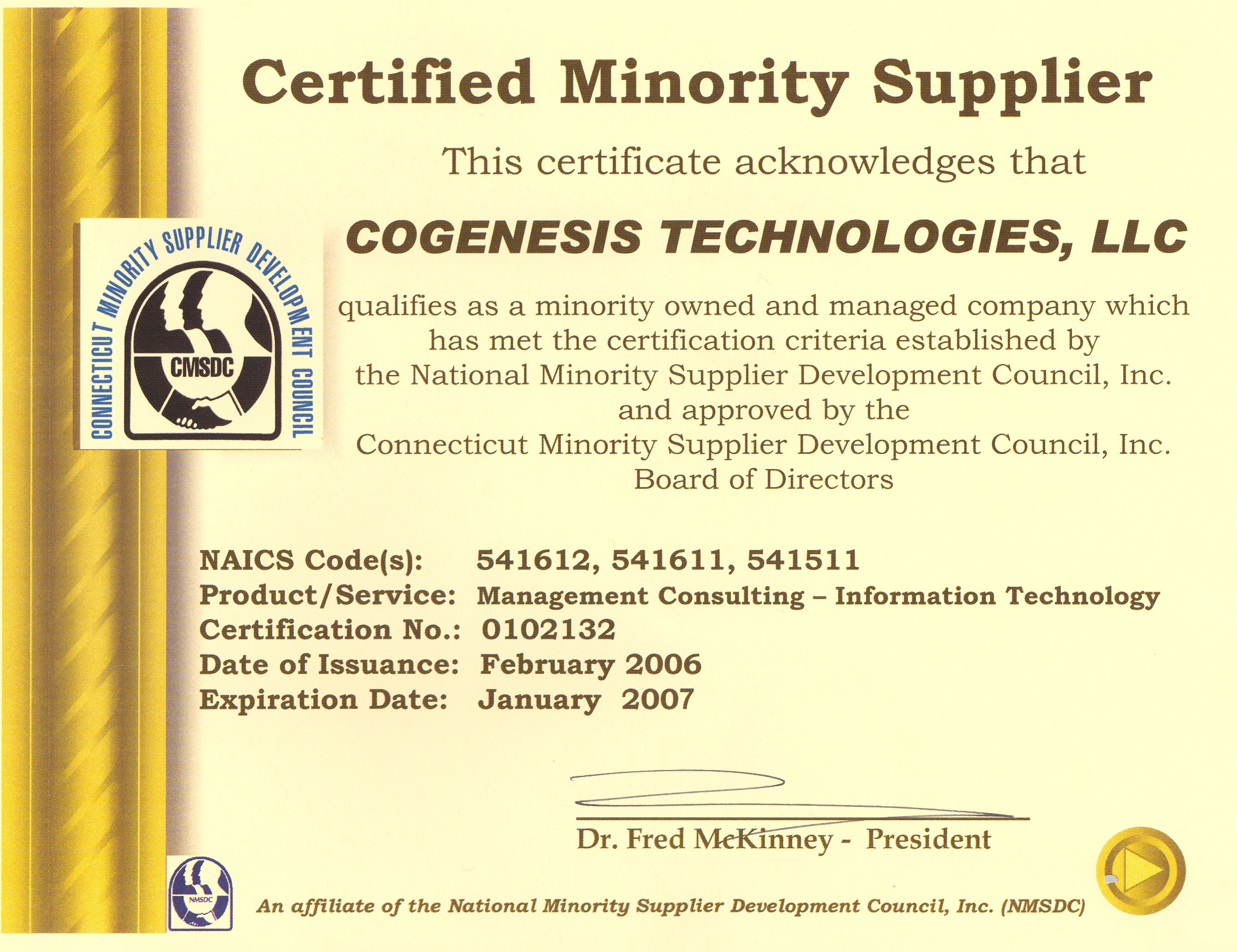CMSDC Minority Supplier Certificate